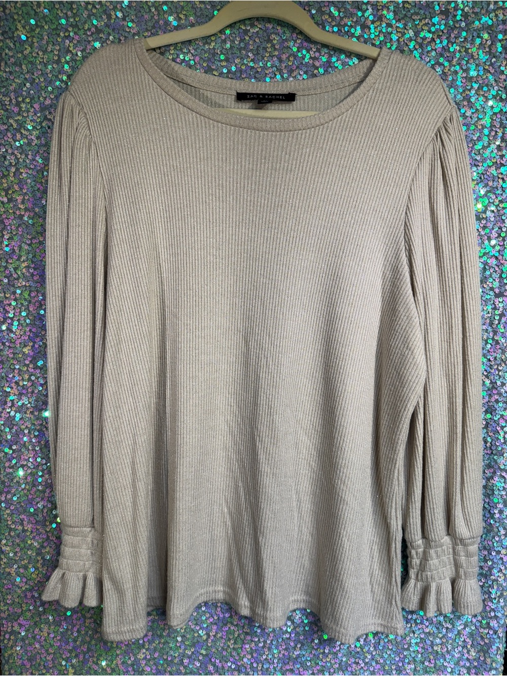 Zac & Rachel Beige Cream Glitter Pleated-Cuff Ribbed Long-Sleeve Crew Neck Top